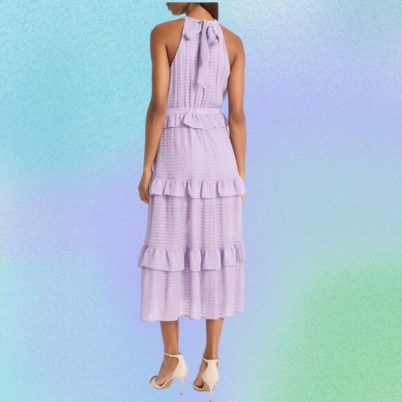 NWT Donna Morgan Lilac halter neck ruffled tiered midi dress. Size 4 - Picture 3 of 13
